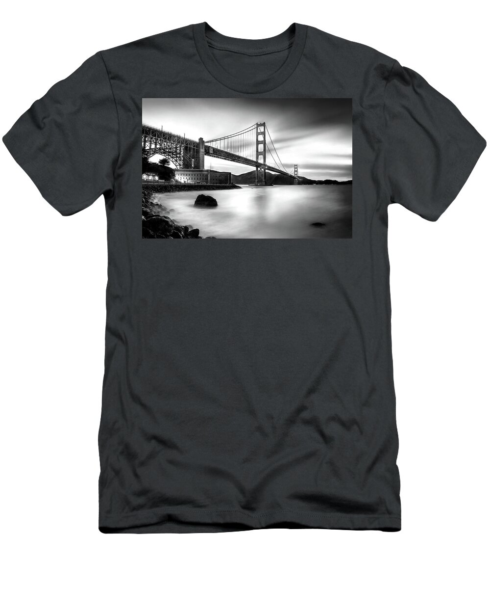 Golden Gate Bridge T-Shirt featuring the photograph Golden Gateway BW by Az Jackson