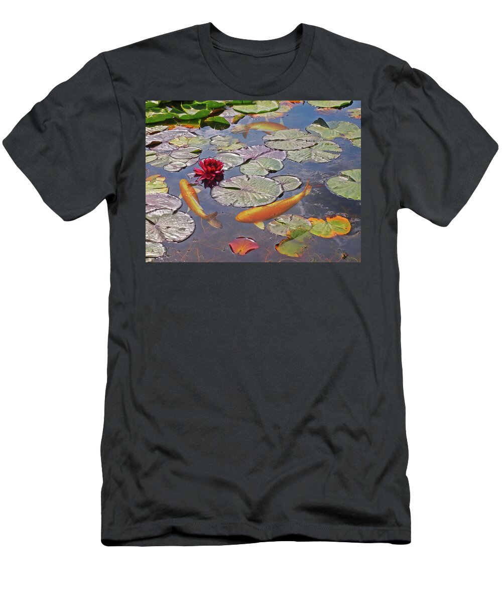 Water Lily T-Shirt featuring the photograph Golden Koi Pond by Gill Billington