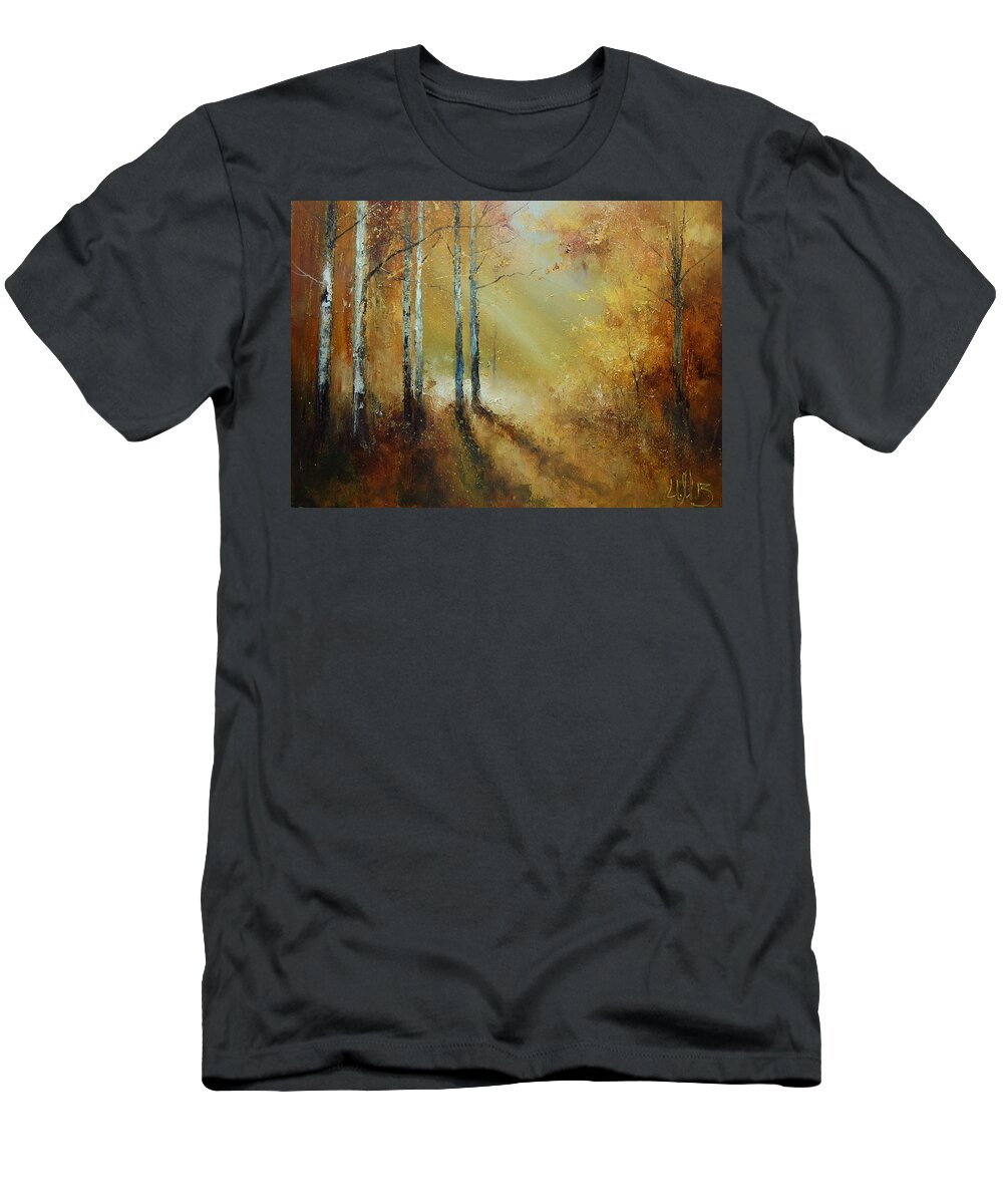 Russian Artists New Wave T-Shirt featuring the painting Golden Light in Autumn Woods by Igor Medvedev