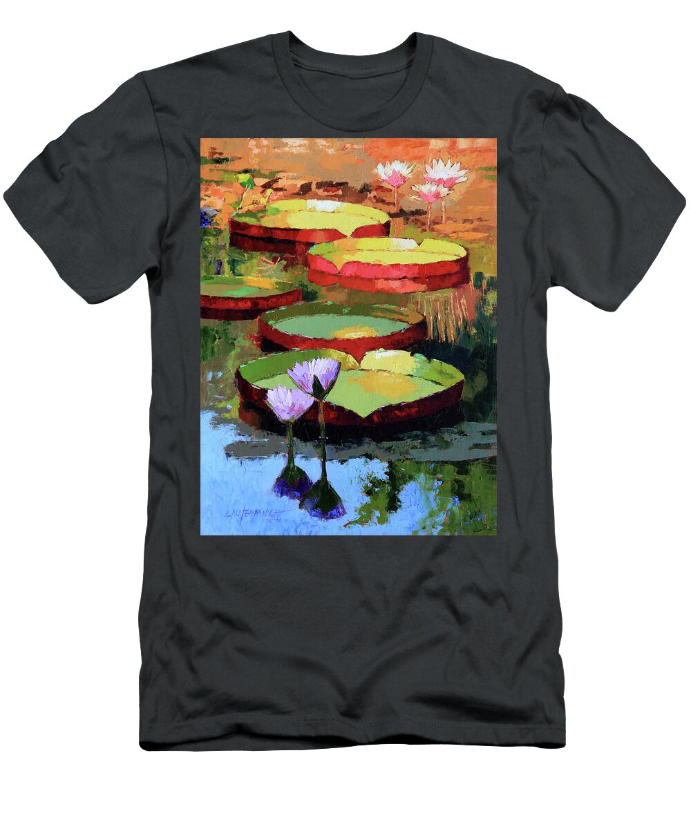 Water Lilies T-Shirt featuring the painting Golden Sunlight Reflections by John Lautermilch