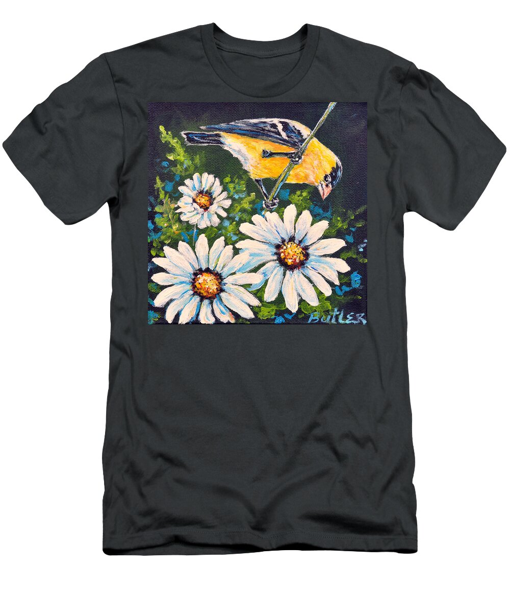 Goldfinch Flower Daisy Nature T-Shirt featuring the painting Goldfinch and Daisy by Gail Butler