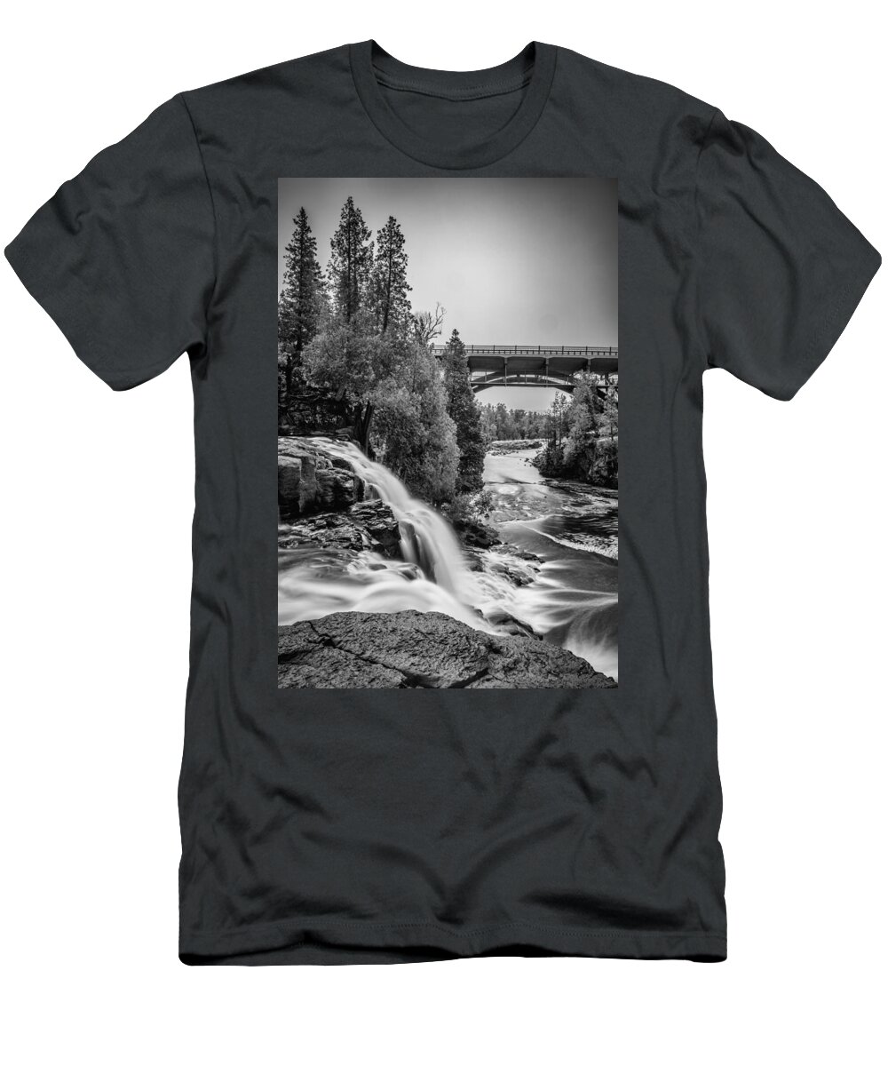Upper Gooseberry Falls T-Shirt featuring the photograph Gooseberry Falls bridge in Black and white by Paul Freidlund