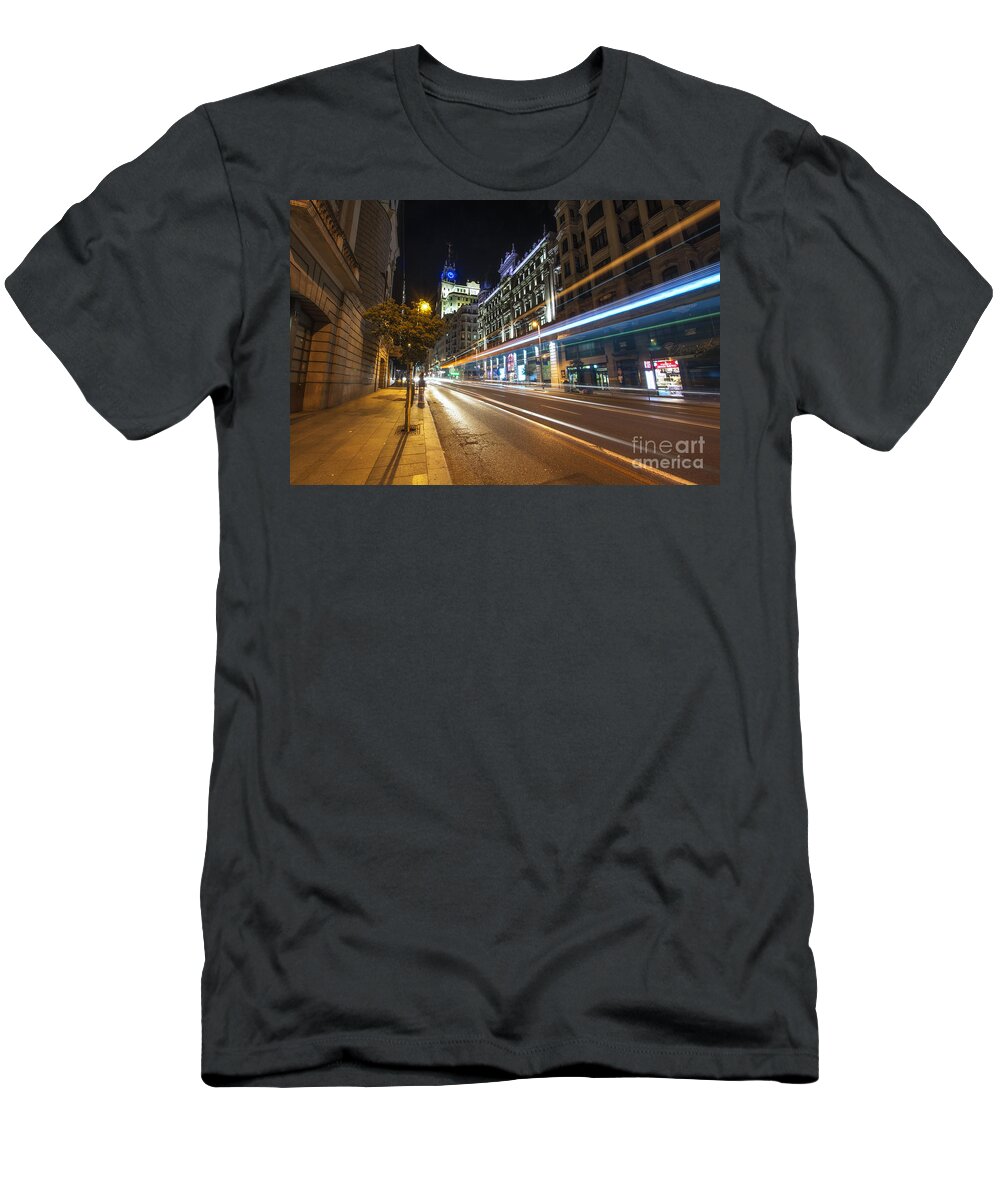 Yhun Suarez T-Shirt featuring the photograph Gran Via Light Trails 1.0 by Yhun Suarez