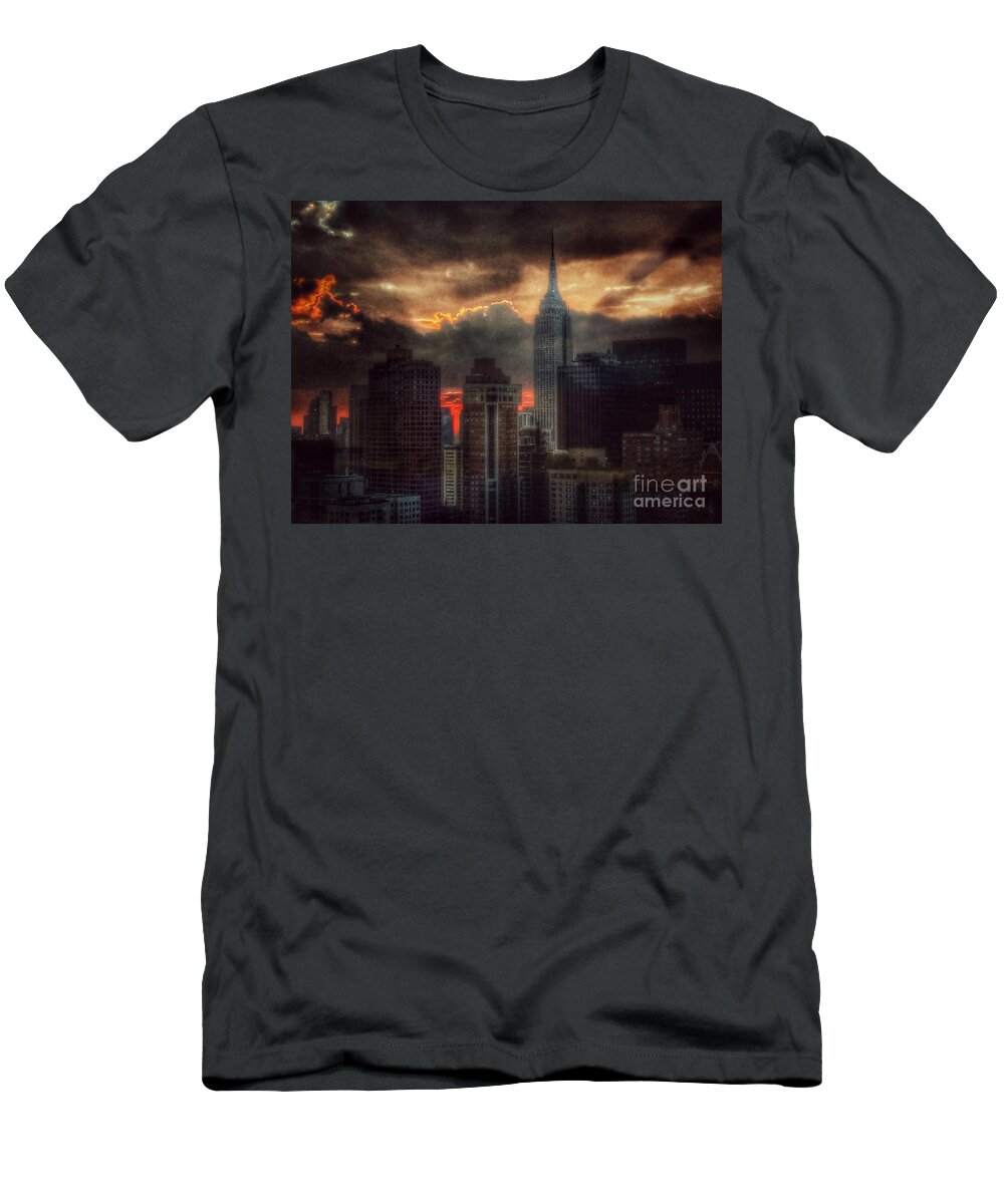 Empire State Building T-Shirt featuring the photograph Grandeur of the Past - Empire State at Sunset by Miriam Danar