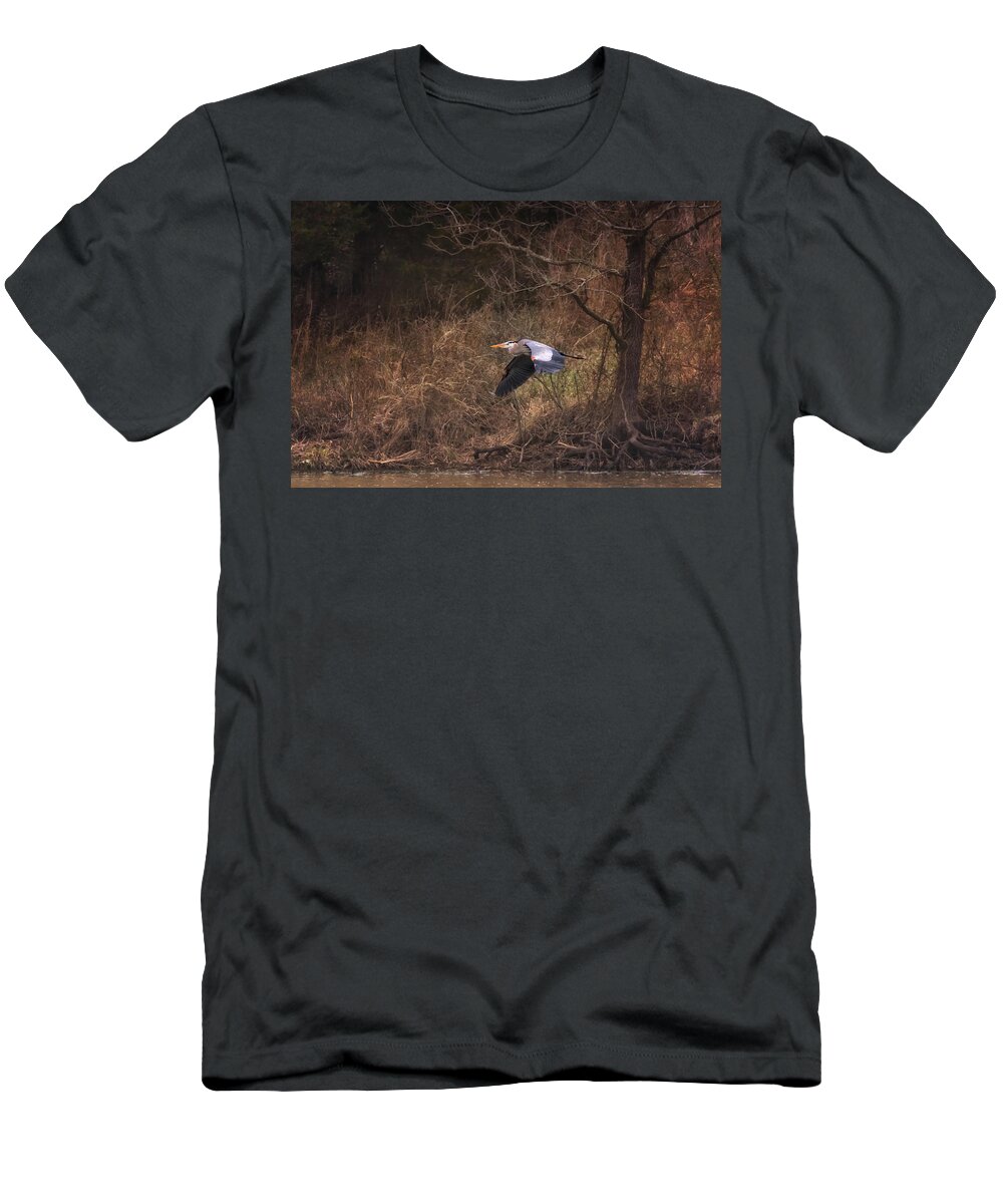 Great Blue Heron T-Shirt featuring the photograph Great Blue Heron in Flight by Susan Rissi Tregoning