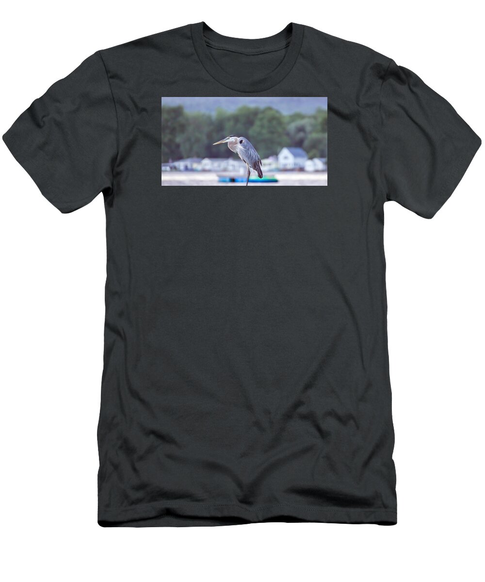 Great Blue Heron T-Shirt featuring the photograph Great Blue Heron on Keuka Lake Horizontal Pano by Photographic Arts And Design Studio