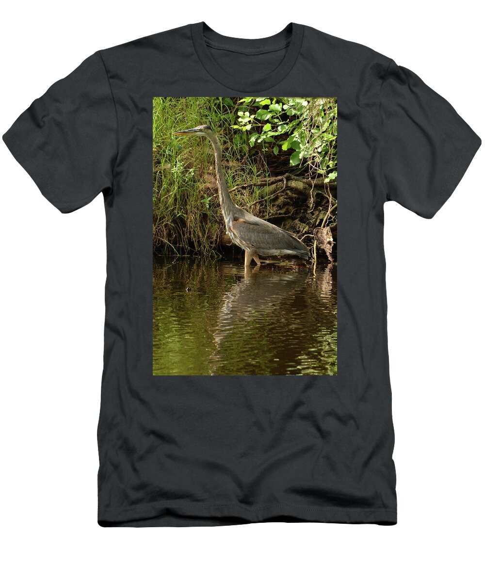 Nature Photography T-Shirt featuring the photograph Great Blue Heron Wading in a Pond by Artful Imagery