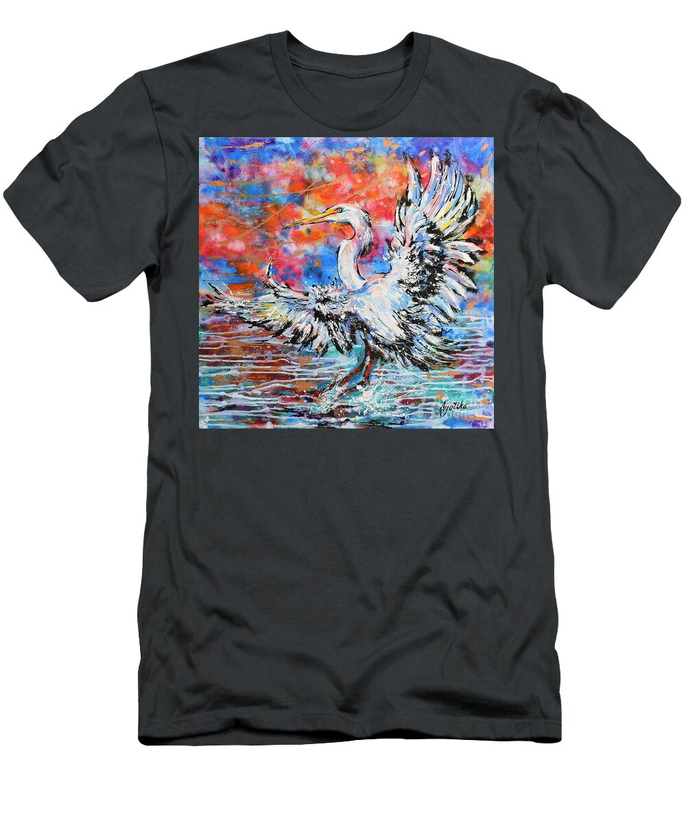  T-Shirt featuring the painting Great Egret Sunset Glory by Jyotika Shroff