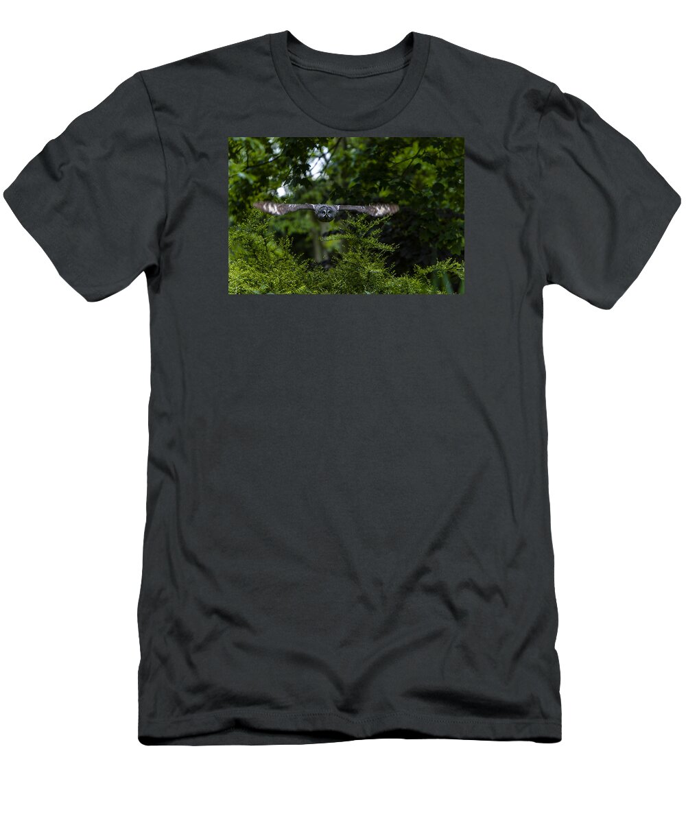 Great Grey Owl T-Shirt featuring the photograph Great Grey Owl in Flight by Andy Myatt