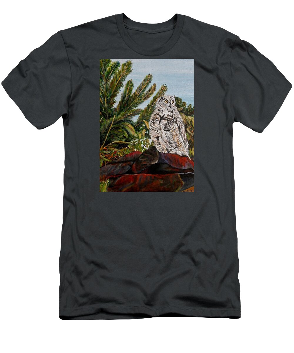 Great Horned Owl T-Shirt featuring the painting Great Horned Owl - Owl on the rocks by Marilyn McNish
