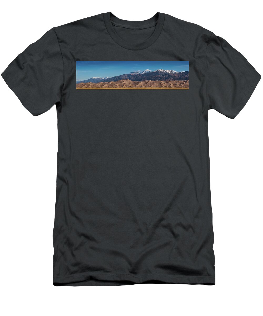 Great Sand Dunes T-Shirt featuring the photograph Great Sand Dunes Panorama 4to1 by Stephen Holst