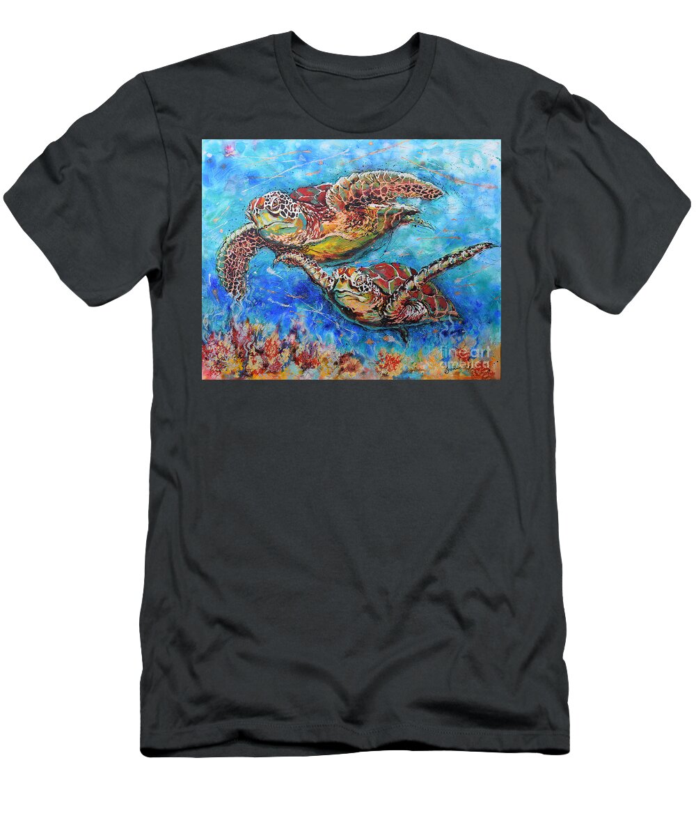 Marine Turtles T-Shirt featuring the painting Green Sea Turtles by Jyotika Shroff