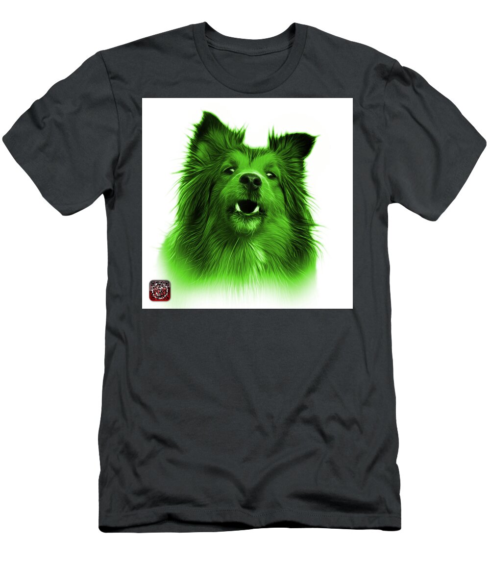 Sheltie T-Shirt featuring the painting Green Sheltie Dog Art 0207 - WB by James Ahn