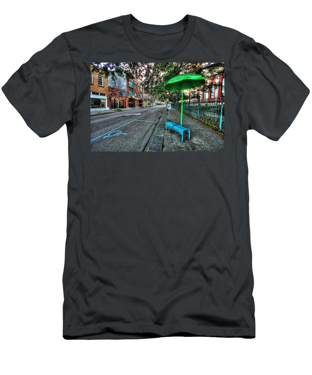 Alabama T-Shirt featuring the digital art Green Umbrella Bus Stop by Michael Thomas