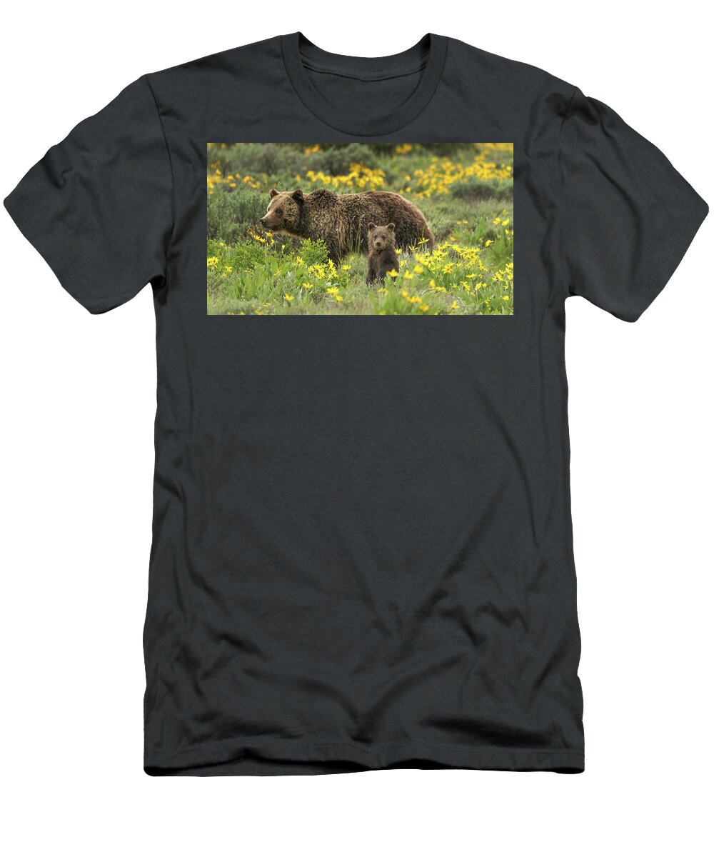 Grizzlies T-Shirt featuring the photograph Grizzlies In The Wildflowers by Yeates Photography