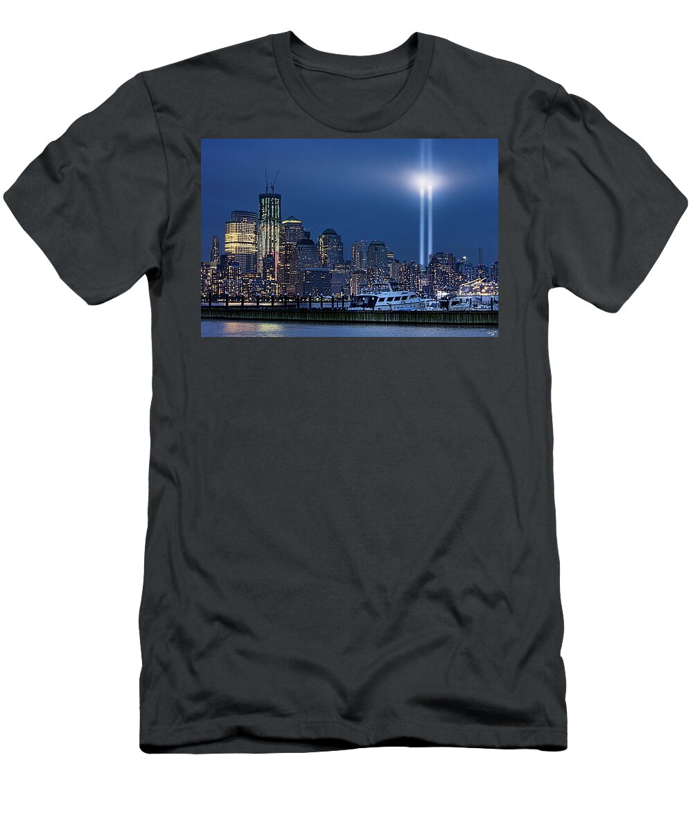 9/11 T-Shirt featuring the photograph Ground Zero Tribute Lights and the Freedom Tower by Chris Lord