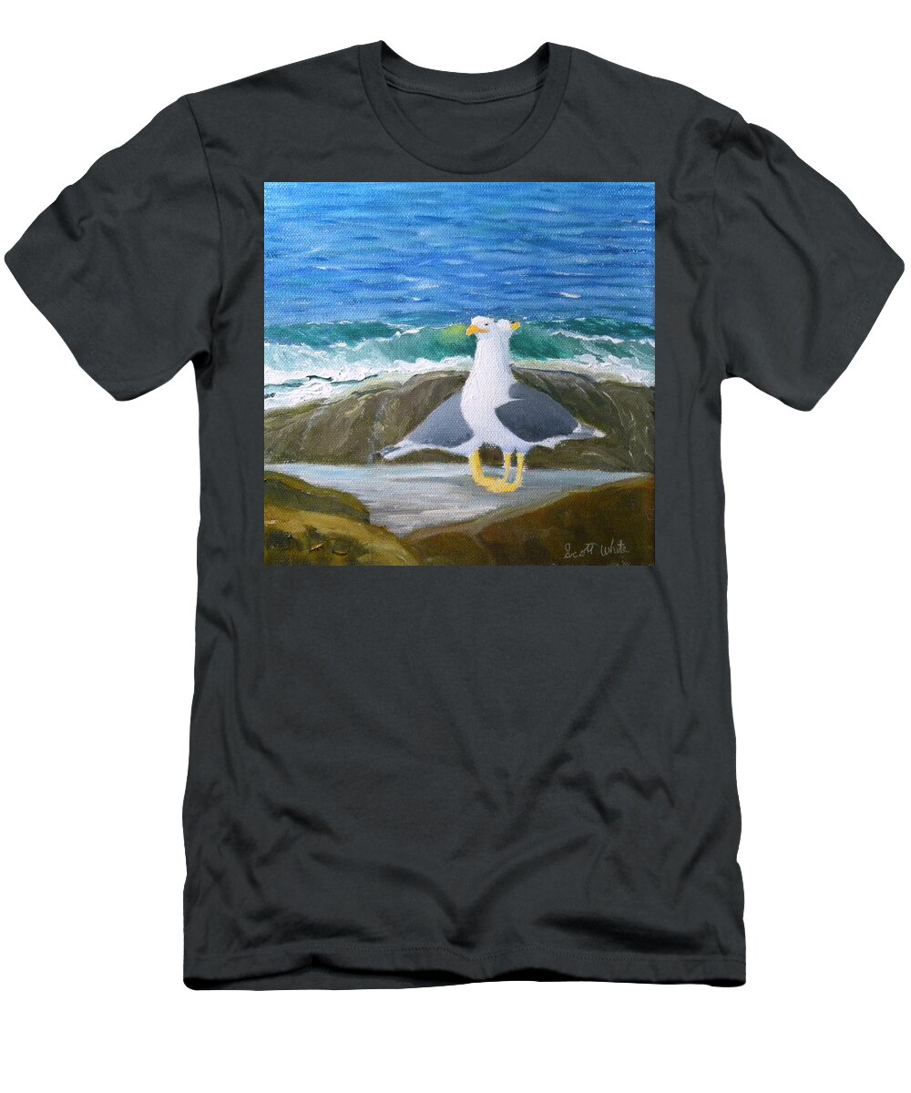 Birds Beach Seagulls Seascape Landscape Rocks Ocean Sea Waves Artist Scott White T-Shirt featuring the painting Guarding The Land And Sea by Scott W White