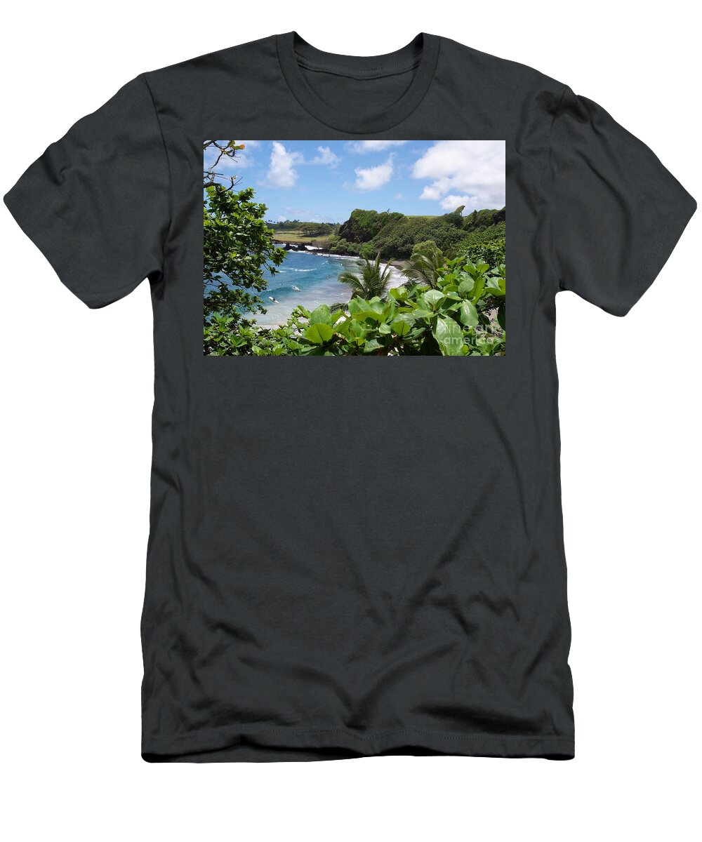 Maui T-Shirt featuring the photograph Hamoa Beach Tropical Hana Maui Hawaii Waves and Surfers by Shawn O'Brien