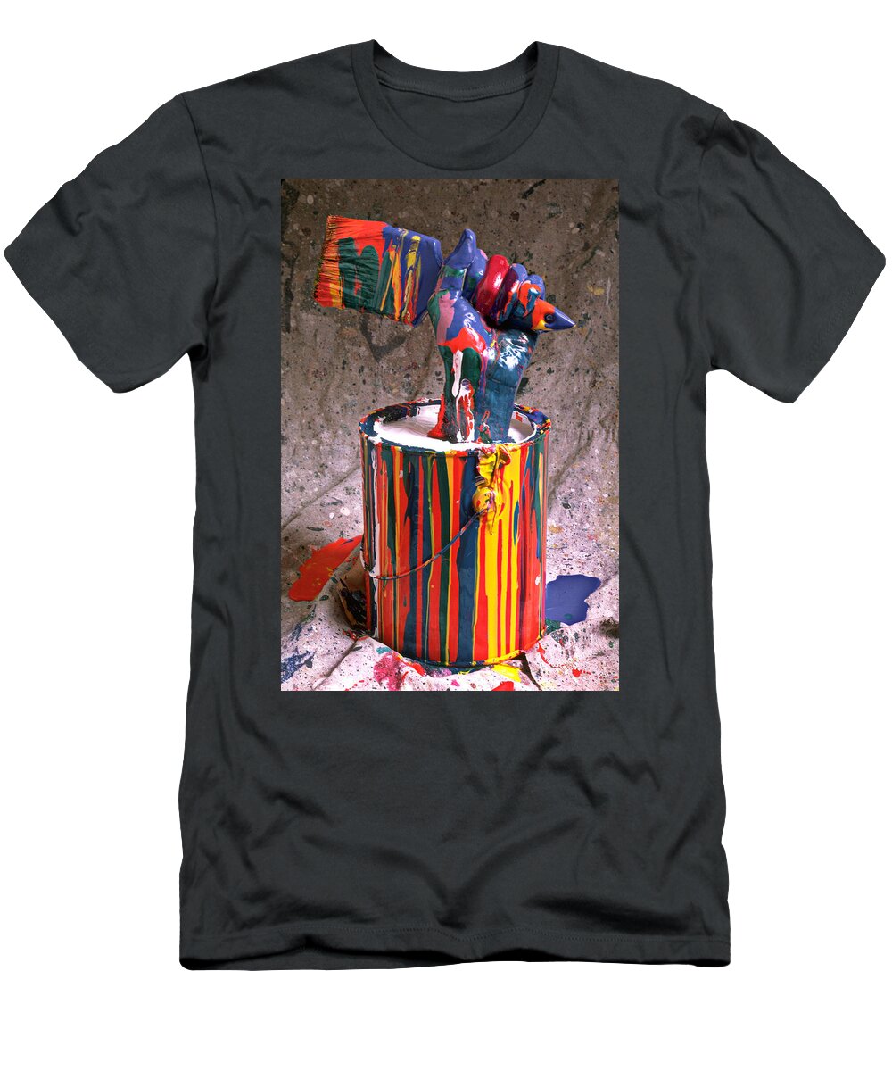 Hand T-Shirt featuring the photograph Hand coming out of paint can by Garry Gay