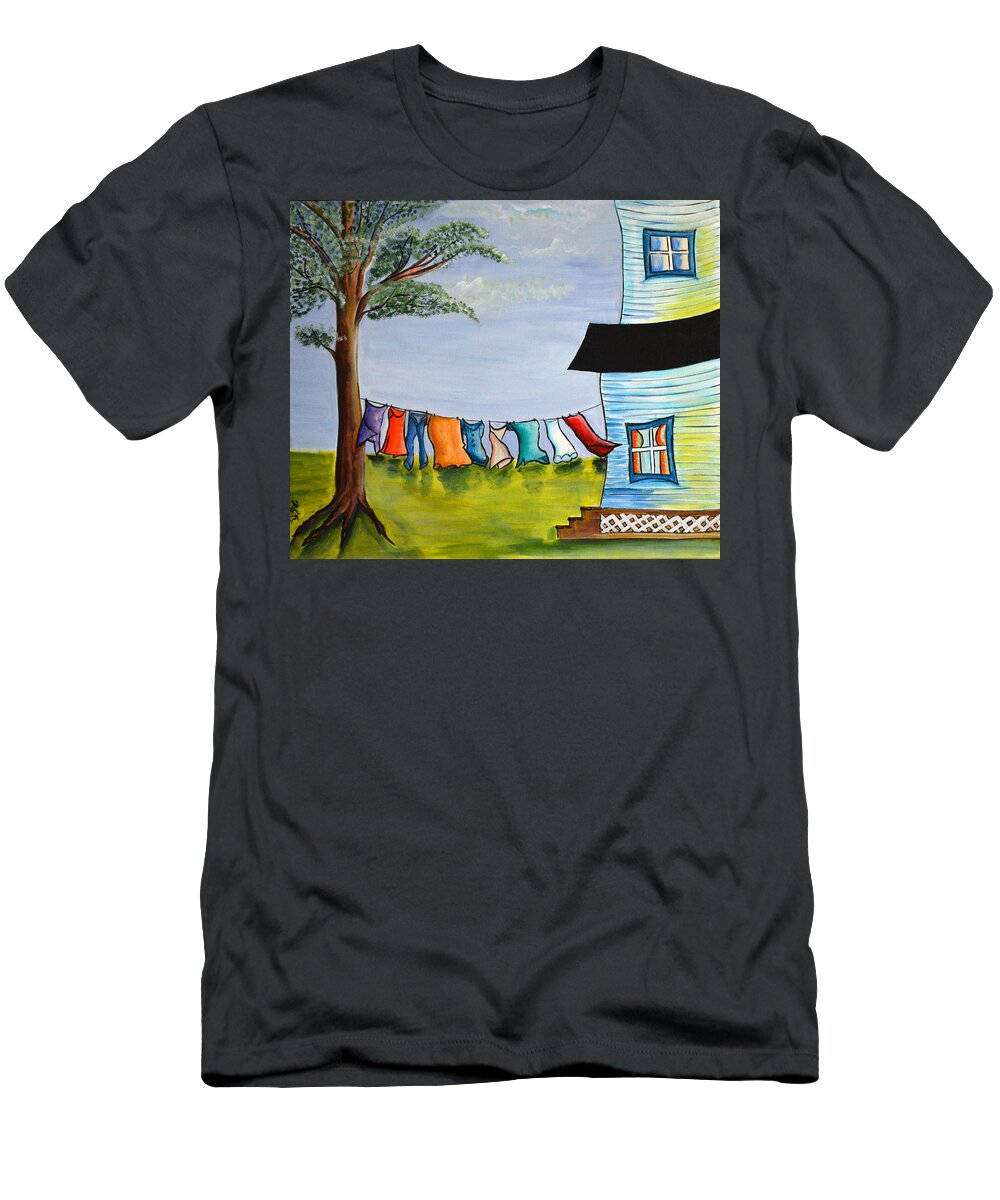 A Summer's Evening And The Wash Is Waiting To Be Taken Down Of The Clothes Line. T-Shirt featuring the painting Hangin by Heather Lovat-Fraser