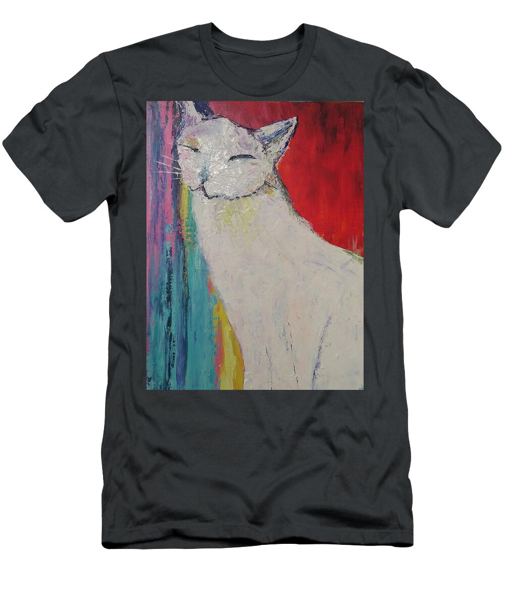 White Cat T-Shirt featuring the painting Happy Cat by Lynne McQueen