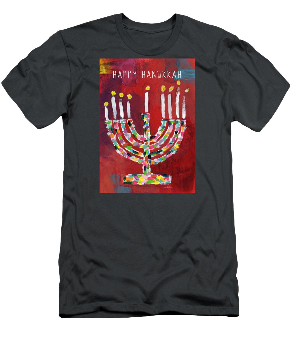Hanukkah T-Shirt featuring the painting Happy Hanukkah Colorful Menorah Card- Art by Linda Woods by Linda Woods