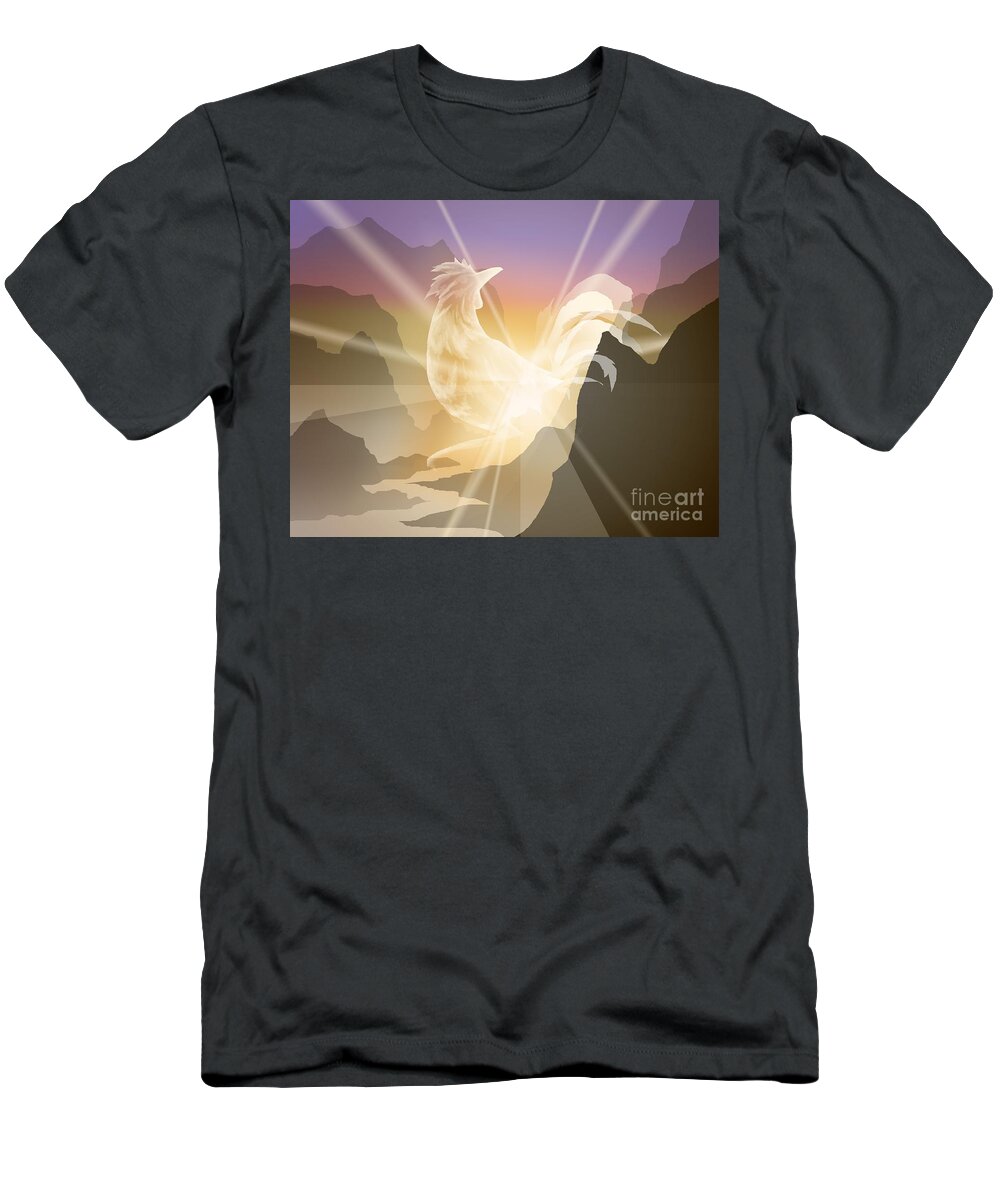 Rooster T-Shirt featuring the digital art Harbinger of Light by Alice Chen