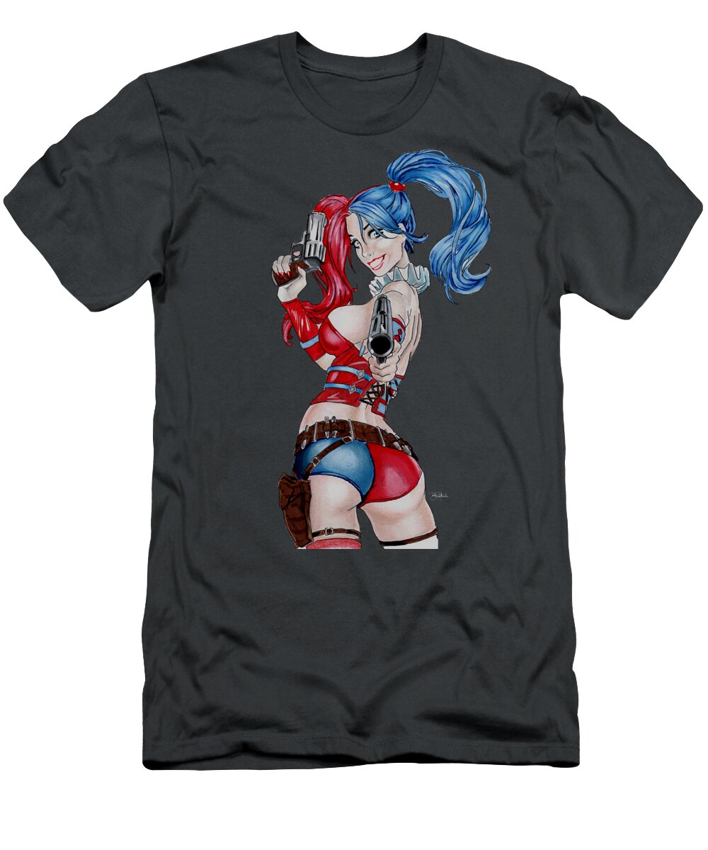 Harley T-Shirt featuring the drawing Harley Quinn with pistols by Bill Richards