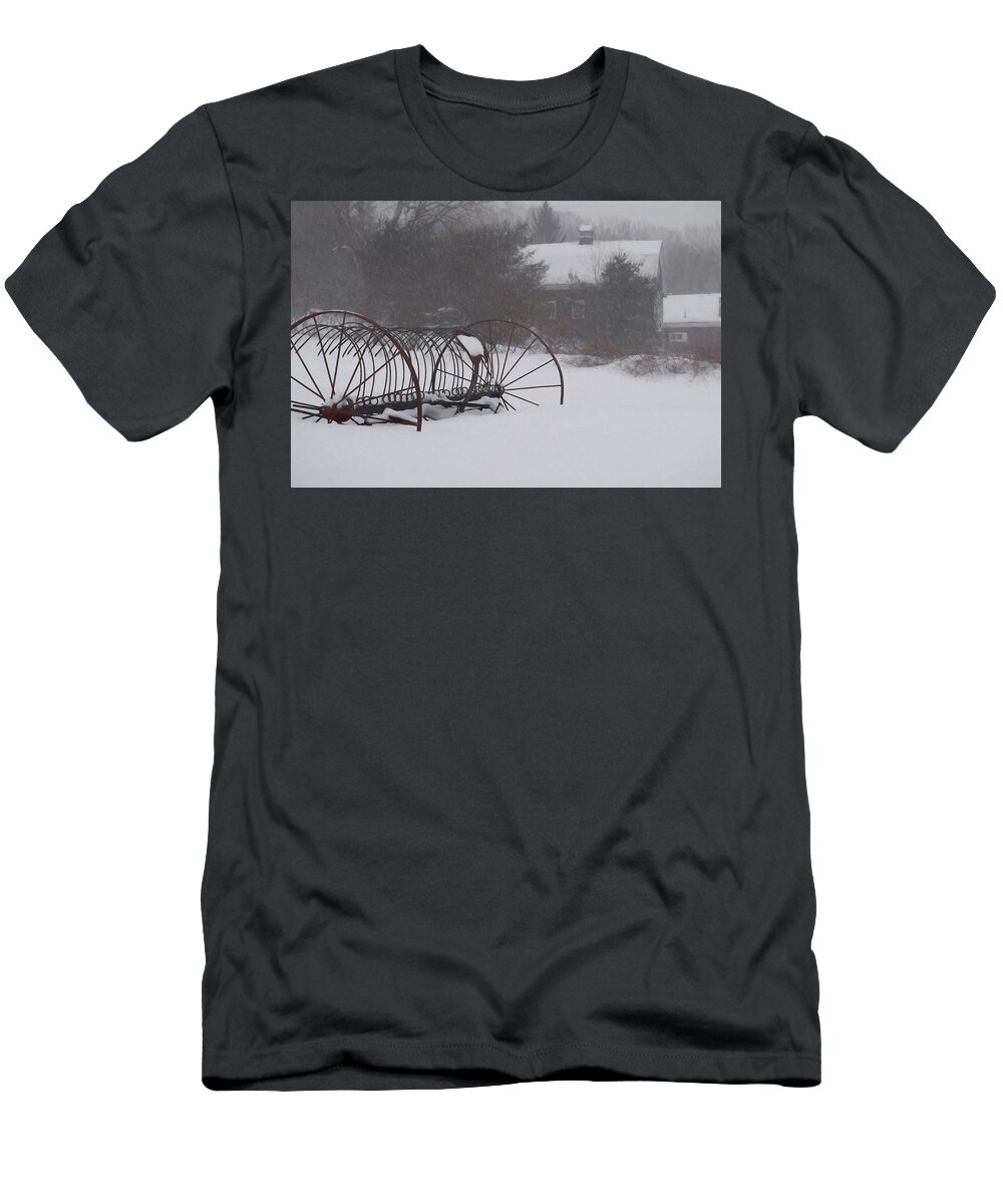 Hay Rake In The Snow T-Shirt featuring the photograph Hay Rake In The Snow by Joy Nichols