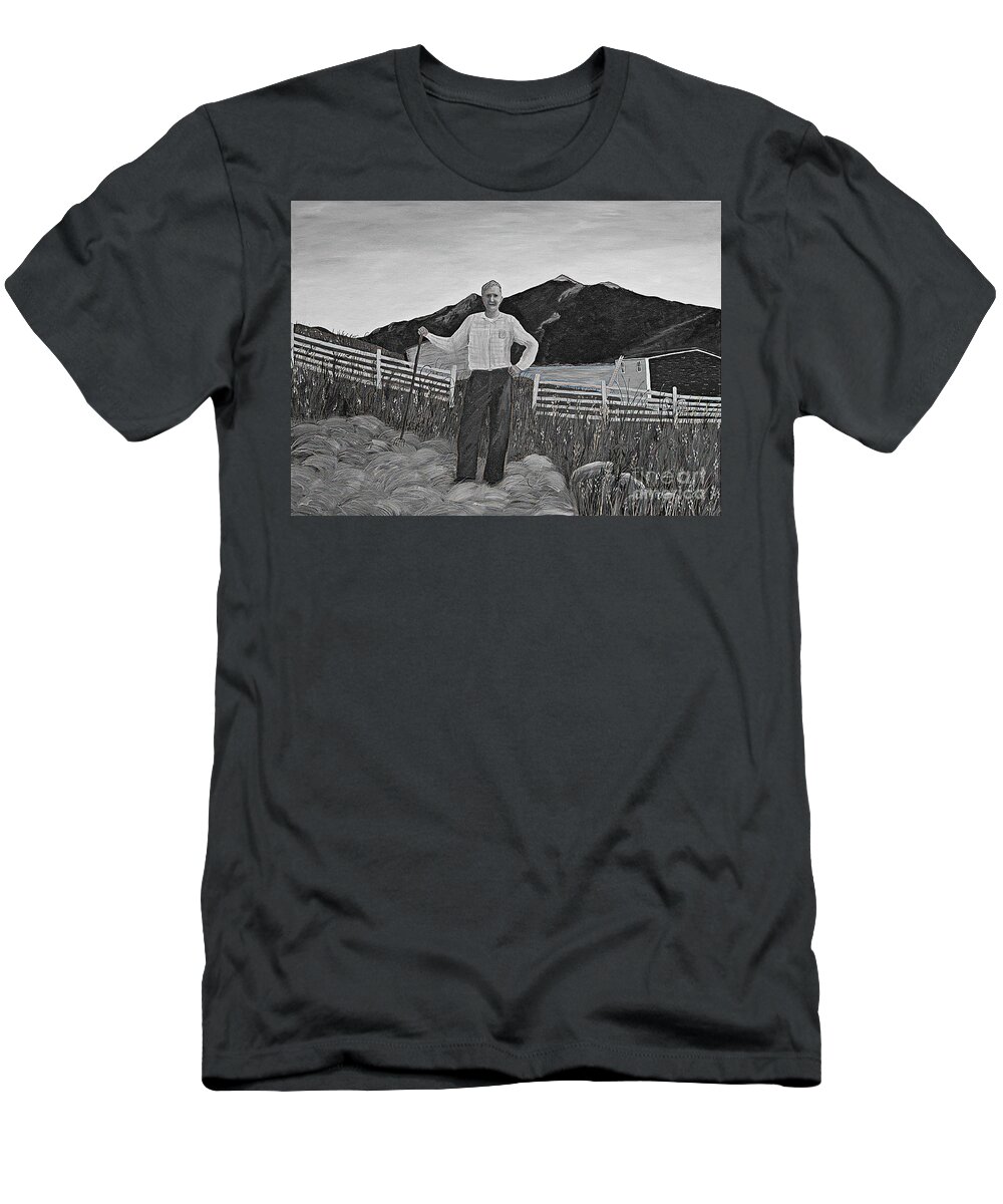 Barbara Griffin T-Shirt featuring the painting Haymaker with Pitchfork B W by Barbara A Griffin