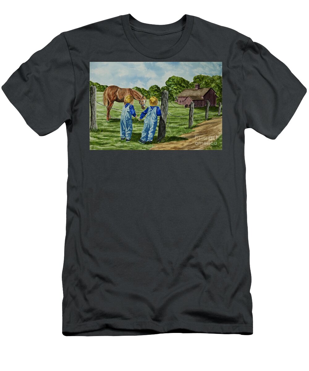 Country Kids Art T-Shirt featuring the painting Here Horsey Horsey by Charlotte Blanchard