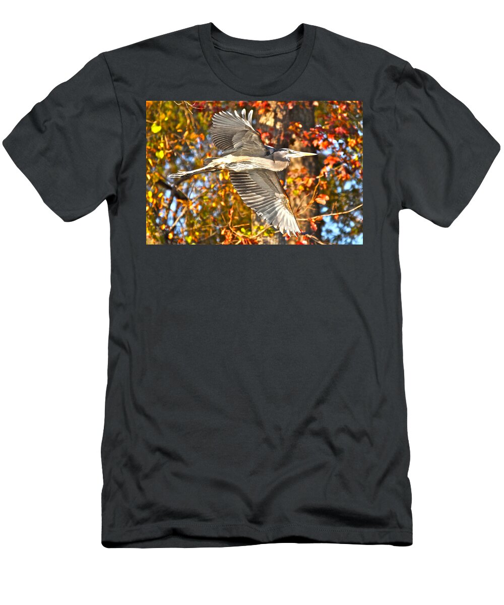 Great Blue Heron T-Shirt featuring the photograph Heron Against Fall Foliage by Don Mercer