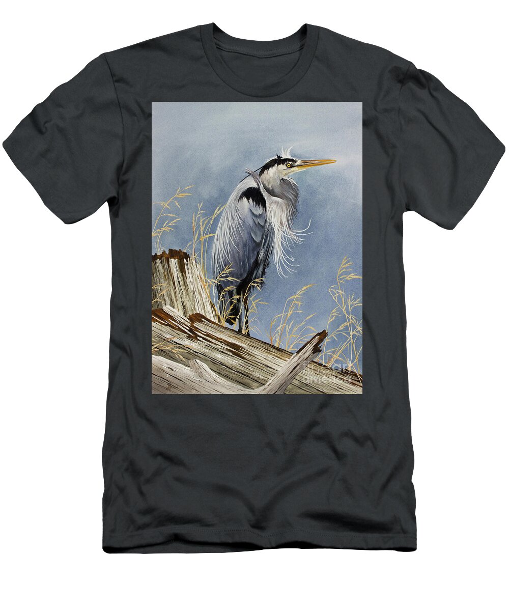 Heron T-Shirt featuring the painting Herons Windswept Shore by James Williamson