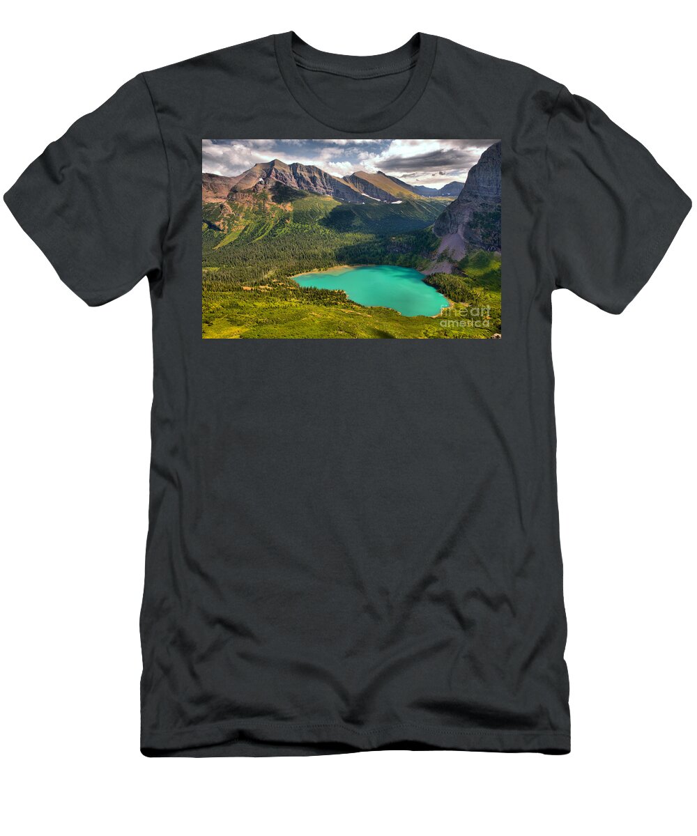 Grinnell T-Shirt featuring the photograph High Above Grinnell Lake by Adam Jewell