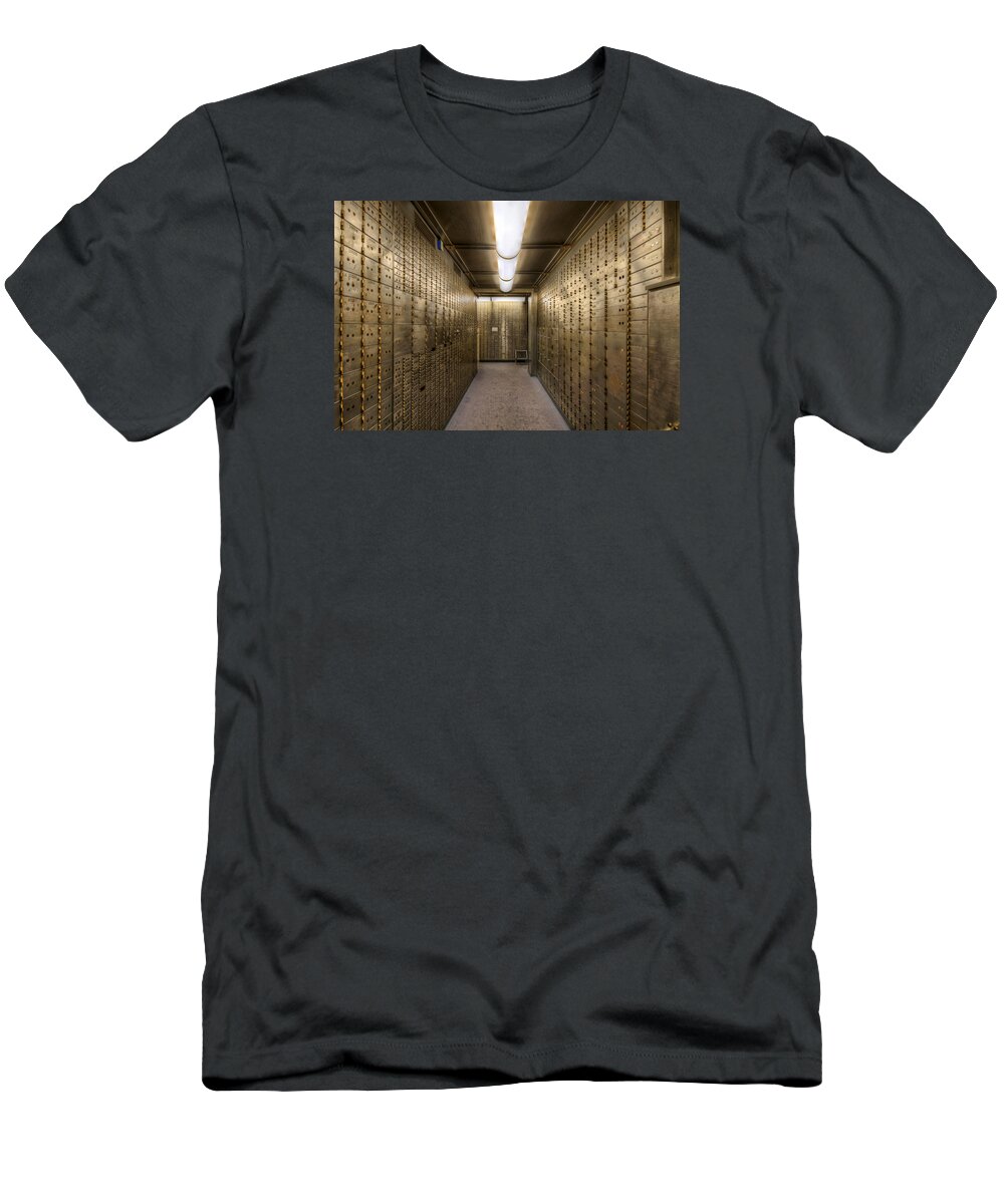 Safe; Deposit; Box; Historic; Bank; Basement; Grunge; Hdr; Monetary; Financial; Institution; Business; Portland; Oregon; United States; Us National Bank; Vault; Locked; Cash; Precious; Valuables; Metals; Personal; Jewelry; Safety; Secured; T-Shirt featuring the photograph Historic Bank Safe Deposit Box by David Gn