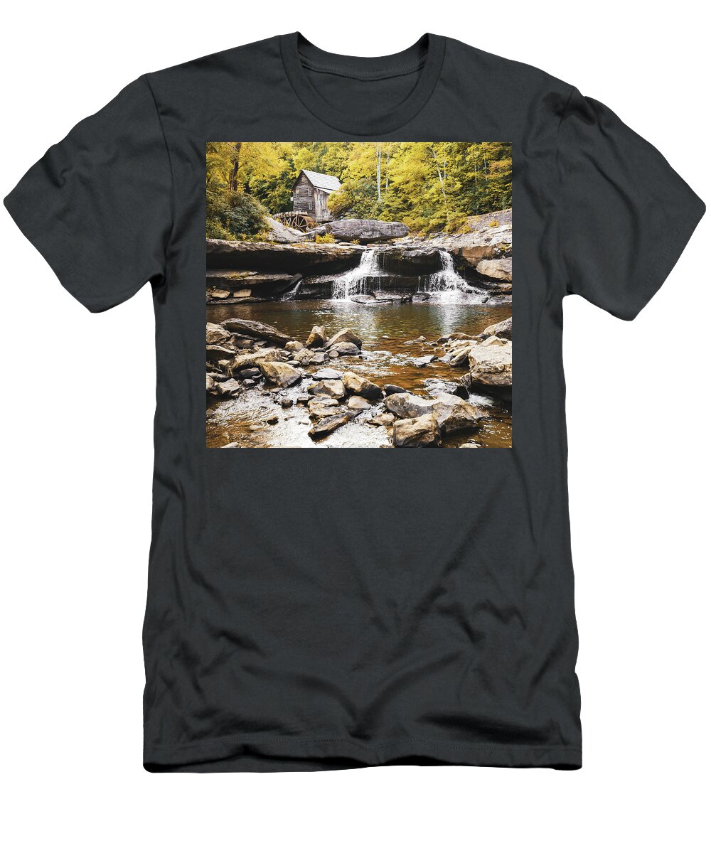 America T-Shirt featuring the photograph Historic Glade Creek Grist Mill Autumn Landscape - Square Format by Gregory Ballos