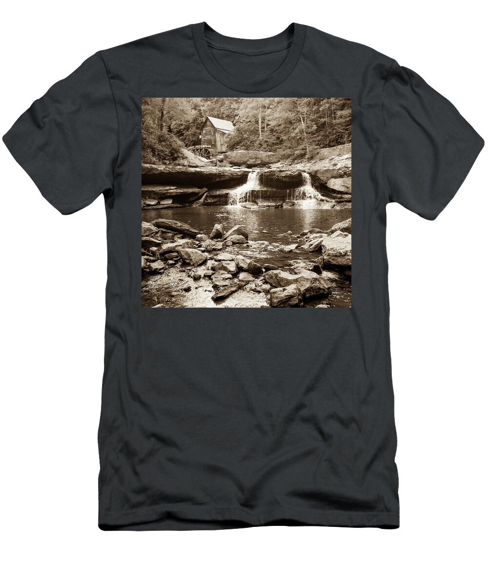 Autumn T-Shirt featuring the photograph Historic Glade Creek Grist Mill Sepia Landscape - Square Format by Gregory Ballos