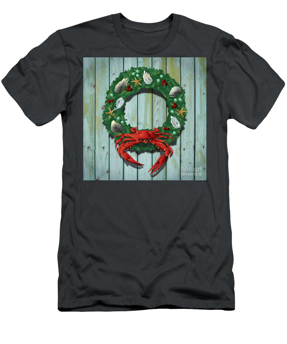 Costal T-Shirt featuring the digital art Holiday Crab Wreath by Joe Barsin