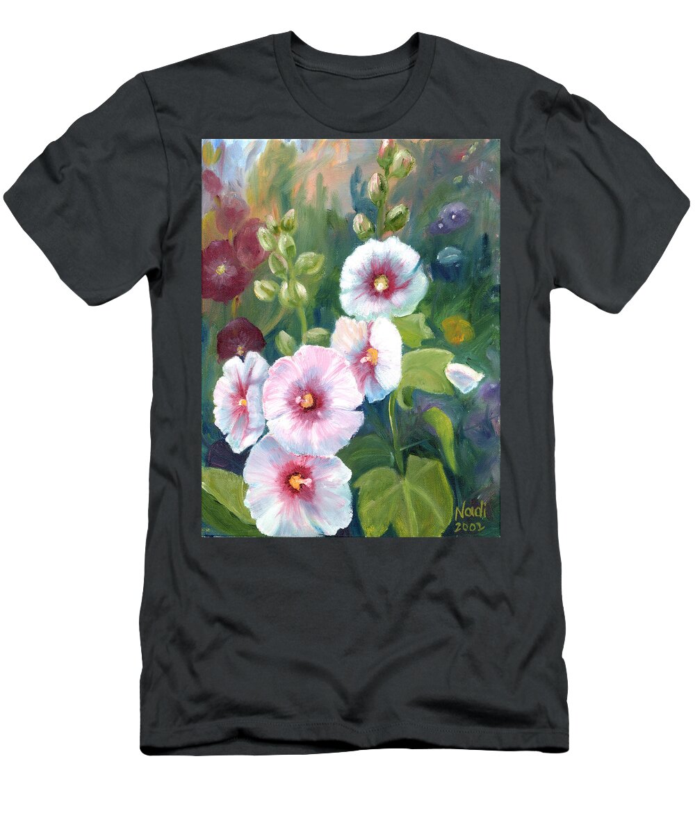 Hollyhocks T-Shirt featuring the painting Hollyhocks by Renate Wesley