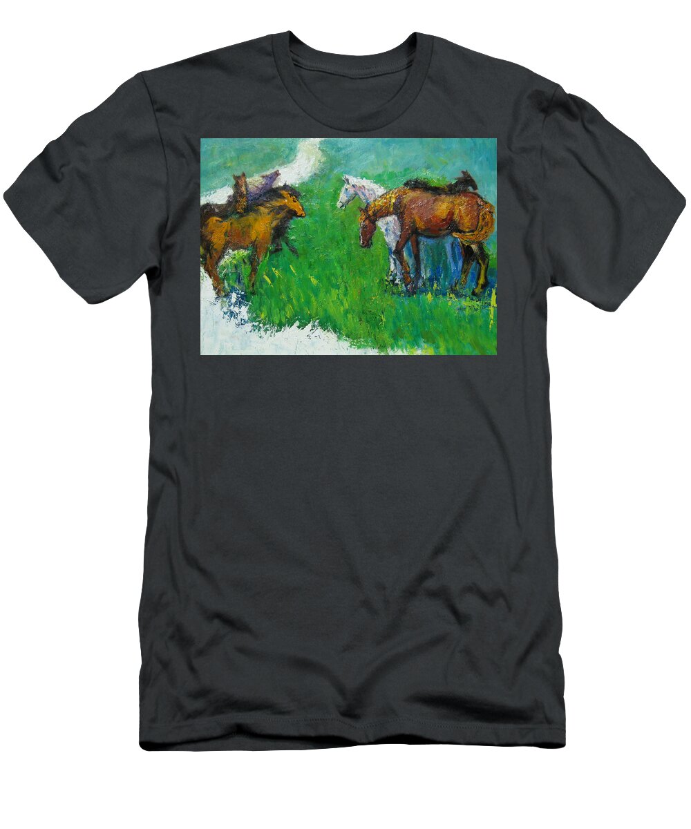 Horses T-Shirt featuring the painting Horses by Guanyu Shi