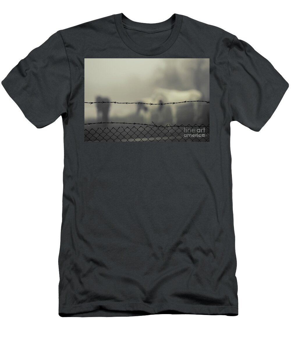 Horse T-Shirt featuring the photograph Horses in the mist behind barbed wire by Dimitar Hristov