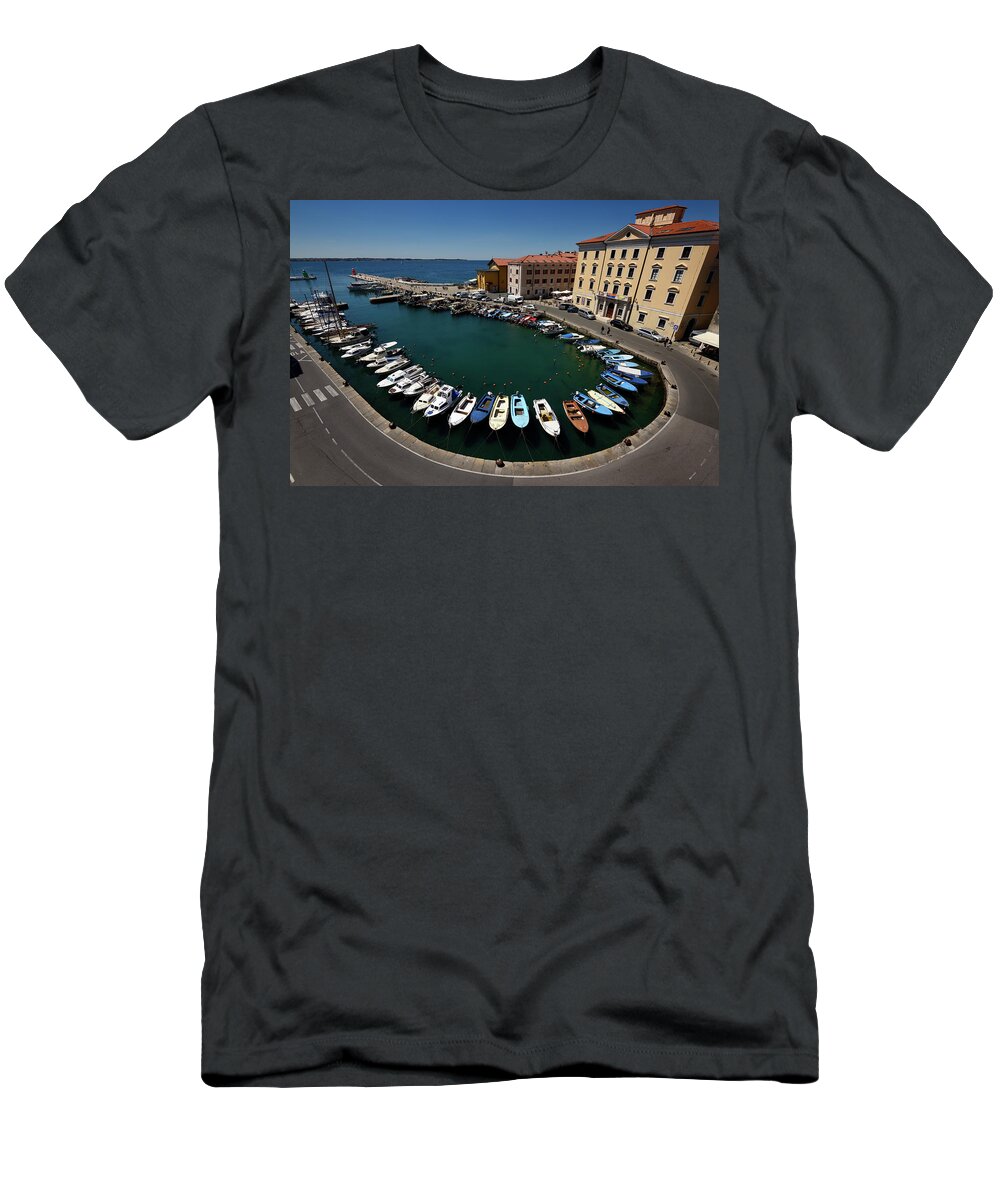 Horseshoe T-Shirt featuring the photograph Horseshoe pattern of moored boats at the inner harbour of Piran by Reimar Gaertner