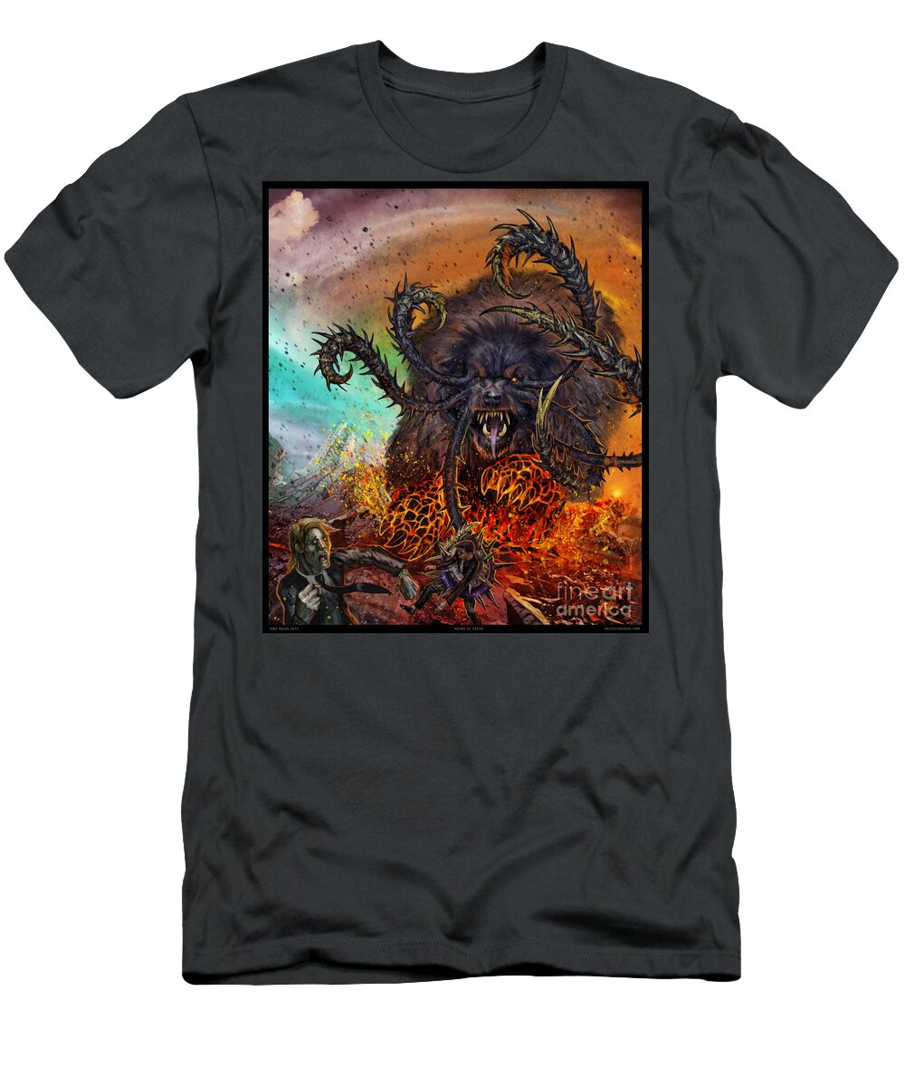 Tony Koehl T-Shirt featuring the mixed media Hound of Greed by Tony Koehl