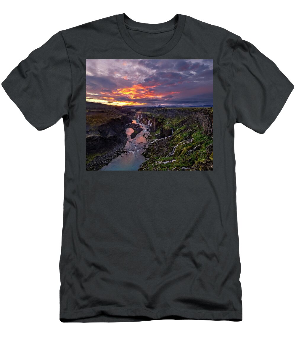 Iceland T-Shirt featuring the photograph Sunrise explodes at Hrauneyjafoss by Usha Peddamatham