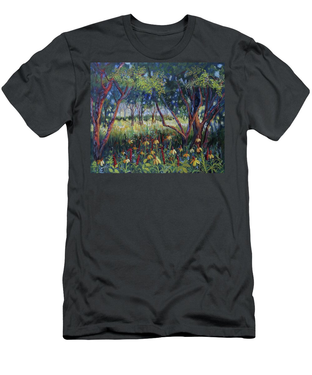 Heather Coen T-Shirt featuring the painting Hummingbird Gardens by Heather Coen