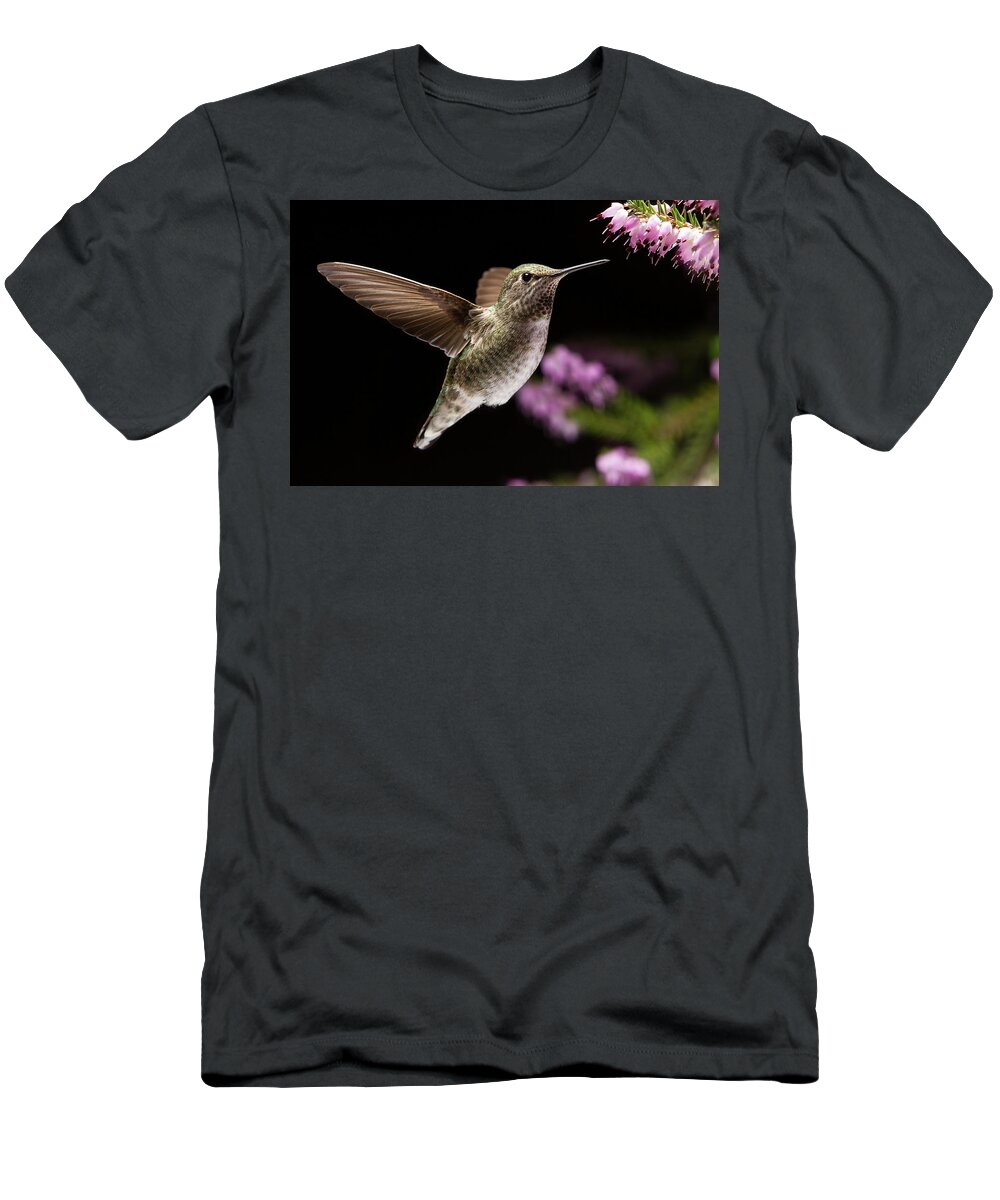 Anna T-Shirt featuring the photograph Hummingbird visit Heather flowers by William Lee