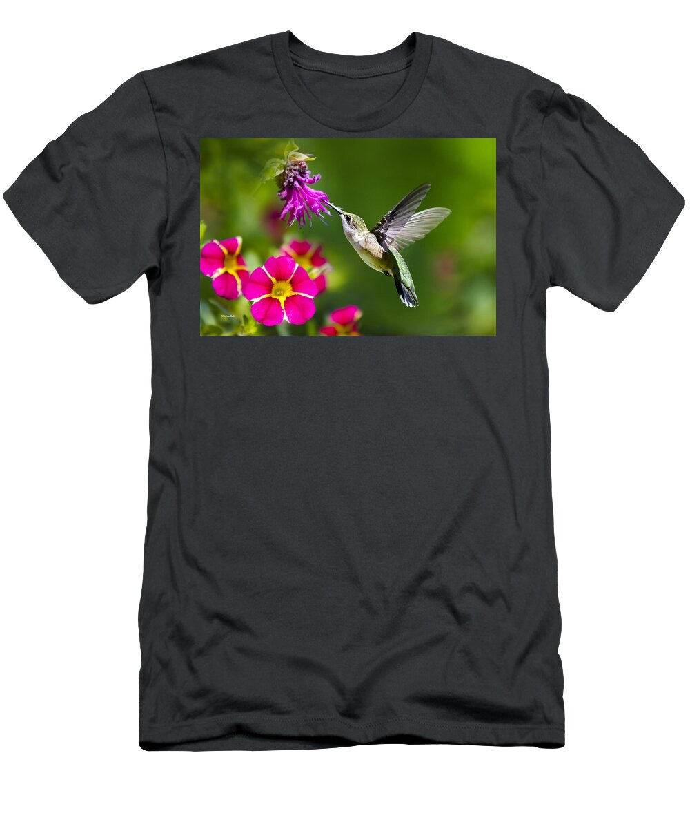 Hummingbird T-Shirt featuring the photograph Hummingbird with Flower by Christina Rollo