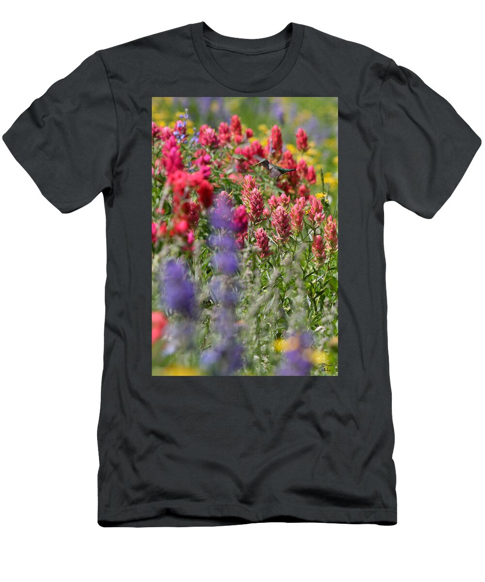 Wildflower T-Shirt featuring the photograph Hummingbird with Wildflowers by Brett Pelletier