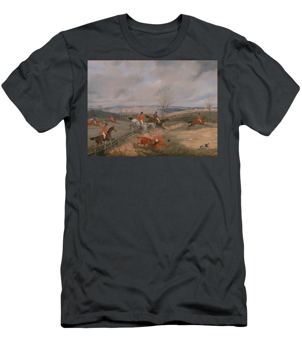 19th Century Art T-Shirt featuring the painting Hunting Scene - Drawing the Cover by Henry Thomas Alken