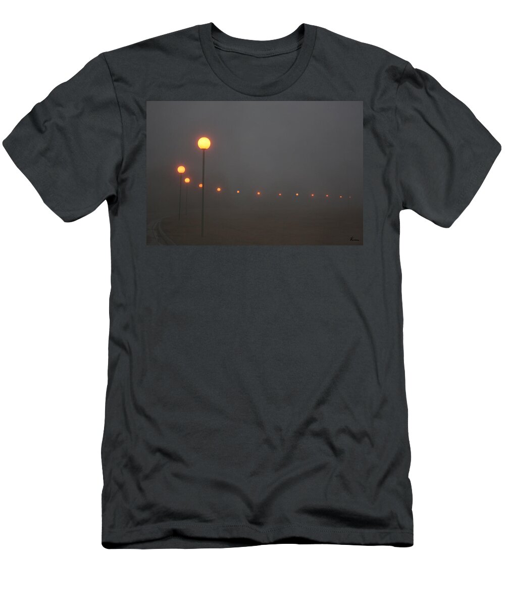 Ice Fog Park Lamps Misty Cold Weather Eerie T-Shirt featuring the photograph Ice Fog and Park Lamps by Andrea Lawrence